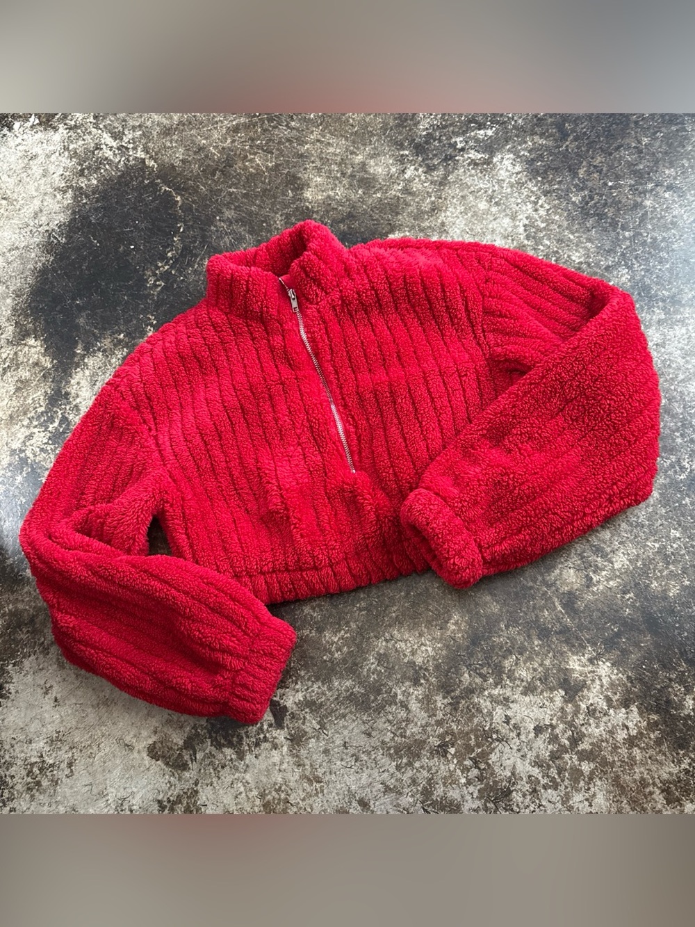 SHEIN Red Cropped Sherpa Half-Zip Jacket